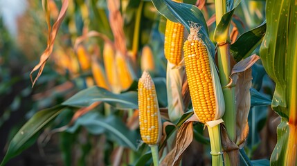 Ripe corn on the cob in the field, close-up