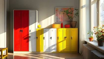 Poster - Vibrant lockers bathed in sunlight, showcasing shades of red, yellow, and white, creating a cheerful atmosphere