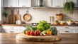 © jaeng - Kitchen podium background with vegetables on wooden pedestal in interior, kitchen, podium, background, vegetables, wooden, pedestal