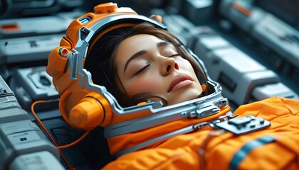 Wall Mural - Futuristic exploration in a high-tech chamber with a woman in an orange spacesuit resting peacefully, embodying the spirit of space travel.