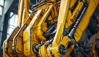 Dynamic close-up of rugged yellow machinery showcasing intricate mechanical details and industrial strength