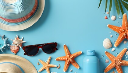 Wall Mural - Seaside Adventure Essentials with Sunglasses, Hats, and Starfish on a Pastel Blue Background