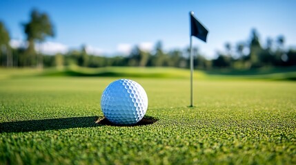 Canvas Print - a golf ball near the hole on green grass with a flag, blue sky in the background. 