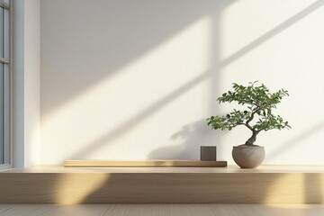 Sticker - Minimalist Interior Design with a Bonsai Tree and Wooden Platform