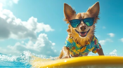 Wall Mural - A dog with a Hawaiian shirt and sunglasses surfing in the water on a yellow surfboard under a blue sky 