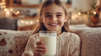 Young girl smiling as she enjoys a refreshing glass of milk, sitting in a cozy living room with soft lighting and comfortable decor.