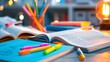 © thekob5123 - student study desk with colorful markers, sharpened pencils, and open textbooks, neatly placed with bright lighting and copy space for text
