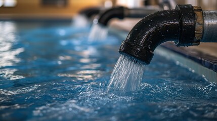 Wall Mural - A close-up of a water pipe filling a swimming pool, highlighting pool maintenance. 