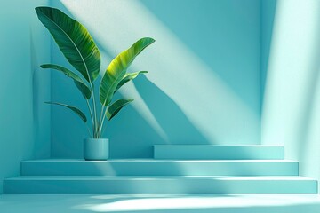 Poster - Blue Minimalist Room with Plant and Steps