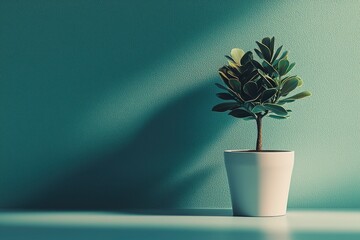 Canvas Print - A potted green plant with large leaves against a textured teal wall