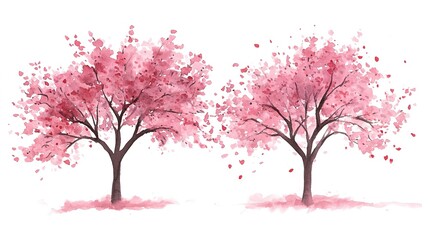 Canvas Print - 3 Pink Cherry Blossom trees watercolor painting hand drawn on isolated white background