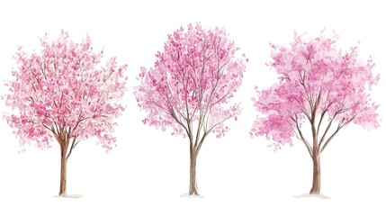 Wall Mural - 3 Pink Cherry Blossom trees watercolor painting hand drawn on isolated white background