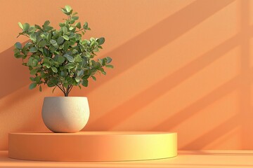 Wall Mural - A potted plant with green leaves on a beige podium in front of an orange wall.