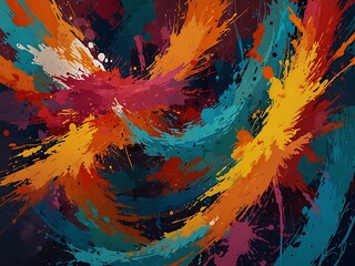 Abstract color explosion with overlapping circles and brushstrokes.