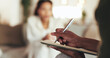 © LuxeShutter24/peopleimages.com - Hands, therapist and writing for counseling patient with depression, psychology assessment and medical report. Woman, psychologist and document for compliance questions, progress information and help