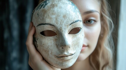 A young woman holds a vintage mask, exploring themes of identity and mystery in a serene atmosphere.