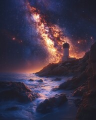 Wall Mural - Serene Lighthouse Under Galactic Skies at Dusk