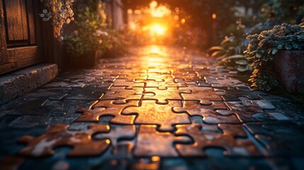 Canvas Print - Sunlit Puzzle Pathway in a Serene Garden Setting