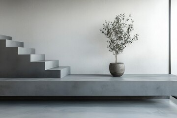 Poster - Minimalist Interior with Concrete Stairs, Plant, and White Wall