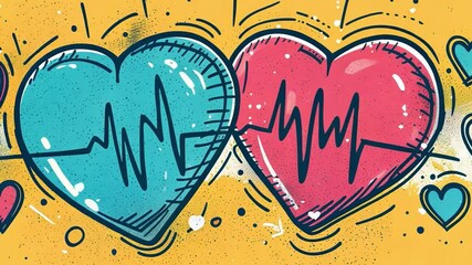 Poster - Two stylized hearts, one blue and one red, feature heartbeat lines in the center, set against a bright yellow backdrop that emphasizes love and vitality.