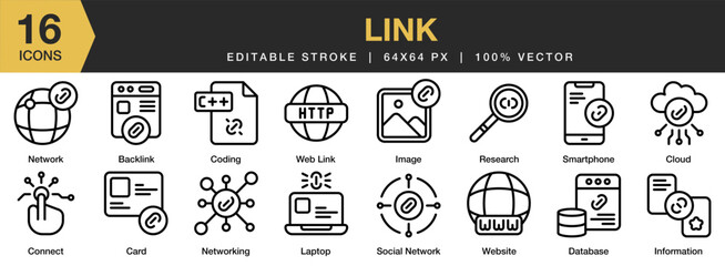 Link icon set. Editable Stroke Icon Collection. Includes backlink, card, cloud, coding, connect, database, and More. Outline icons vector collection.