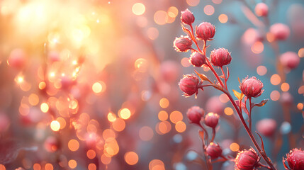 Pink and Crimson Blossoms in a Golden Bokeh Glow Sunlight Soft Focus Golden Hour Sunset or Sunrise Background