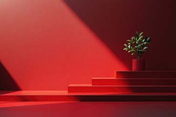 Canvas Print - Red Platform with a Plant and a Wall