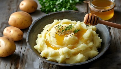 Wall Mural - Rustic culinary artistry featuring fresh potatoes, honey, and a bowl of creamy mashed potatoes