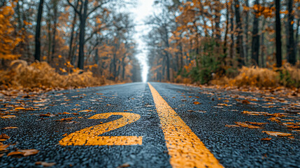 Wall Mural - A winding road through an autumn forest. The road is lined with trees, and the leaves are turning brown and orange. The road leads to a distant clearing.