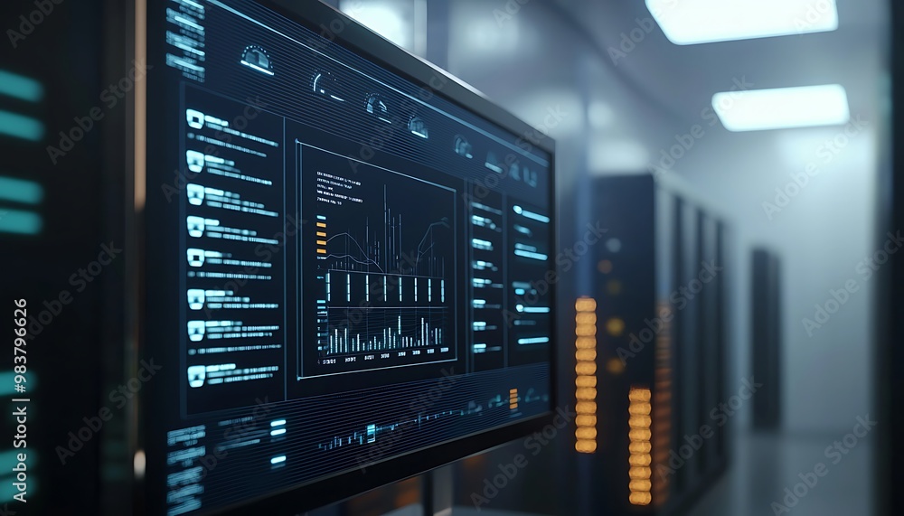 Network traffic and device status visualized on a data center monitor ...