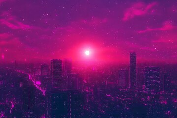 Canvas Print - Pink Neon Cityscape with Moon and Stars at Night.