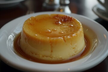 Creme caramel on a white plate with candles in the background.