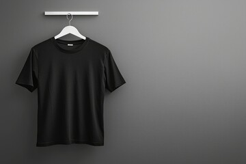 Poster - Black T-Shirt Hanging on a White Hanger Against a Gray Wall