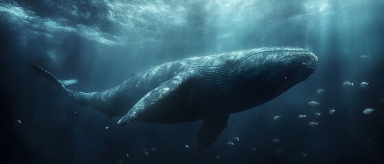 Majestic underwater photo of a huge blue whale swimming in the deep ocean.