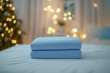 Poster - Two Folded Light Blue Fabric Sheets on a White Bed