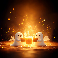 Two cute ghost characters clinking cups, surrounded by a warm, magical glow. Perfect for festive themes.