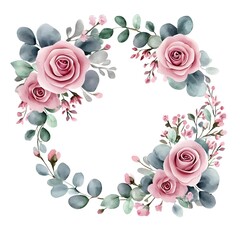 Wall Mural - Watercolor pink floral wreath, with roses and eucalyptus leaves, on a white background,