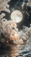 Wall Mural - A tranquil garden filled with pale flowers glows softly under the bright moonlight