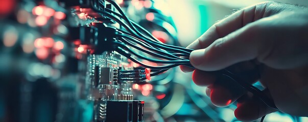 Technicians connecting network cables, detailed macro view.
