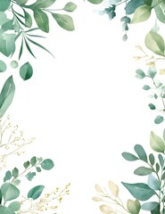 Wall Mural - Watercolor green leaves and flowers around the edges square frame with a white background, 