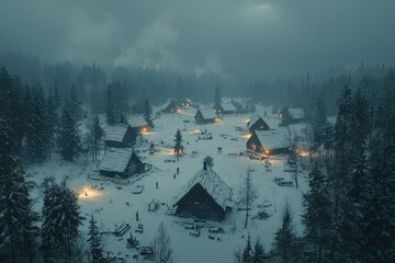 Wall Mural - Illuminated Cabins in a Snowy, Foggy Forest