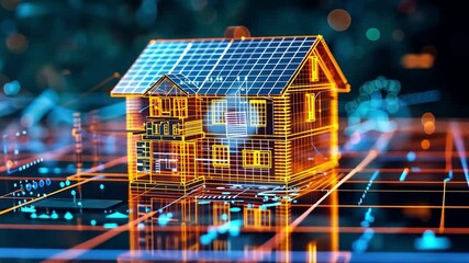 Leinwandbilder - A glowing model of a modern smart home is displayed on a grid, surrounded by digital elements and technology symbols, showcasing innovation in home design.