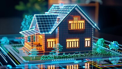 Poster - The digital representation of a house showcases glowing lines and solar panels, surrounded by trees, displayed on a virtual design blueprint in a contemporary office setting.