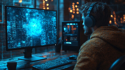 Man in headphones working on a computer.