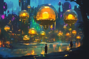 Canvas Print - A Dreamlike Cityscape with Illuminated Spheres and Two Figures