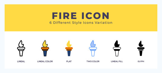 Wall Mural - Fire flame icon symbol set. outline. glyph black. flat color and filled line color.