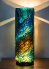 Wall Mural - Colorful Decorative glass vase with green and blue pattern on the table. Close up. ai generative