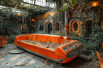 Sticker - Overgrown Abandoned Orange Sofa in a Decaying Building