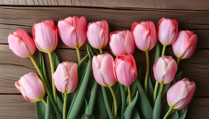 Poster - Vibrant tulips arranged on rustic wooden backdrop