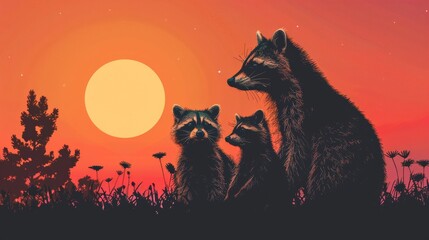 Wall Mural - Minimalist background: Cute raccoon illustration with a wild and funny character in nature, perfect for baby animal art.

